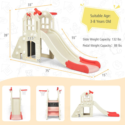 6-In-1 Large Slide for Kids Toddler Climber Slide Playset with Basketball Hoop-Pink