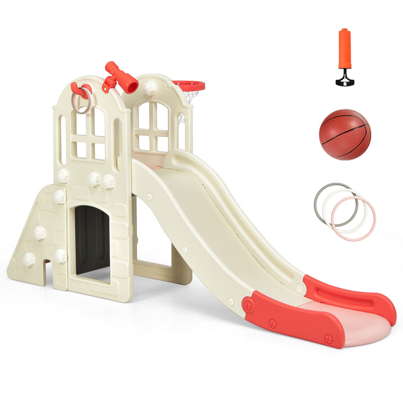 6-In-1 Large Slide for Kids Toddler Climber Slide Playset with Basketball Hoop-Pink