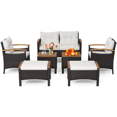 7 Piece Rattan Patio Sofa Set with Acacia Wood Tabletop and Armrests