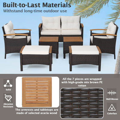 7 Piece Rattan Patio Sofa Set with Acacia Wood Tabletop and Armrests