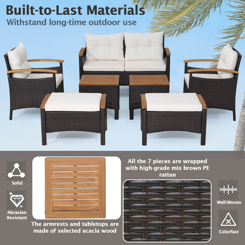 7 Piece Rattan Patio Sofa Set with Acacia Wood Tabletop and Armrests