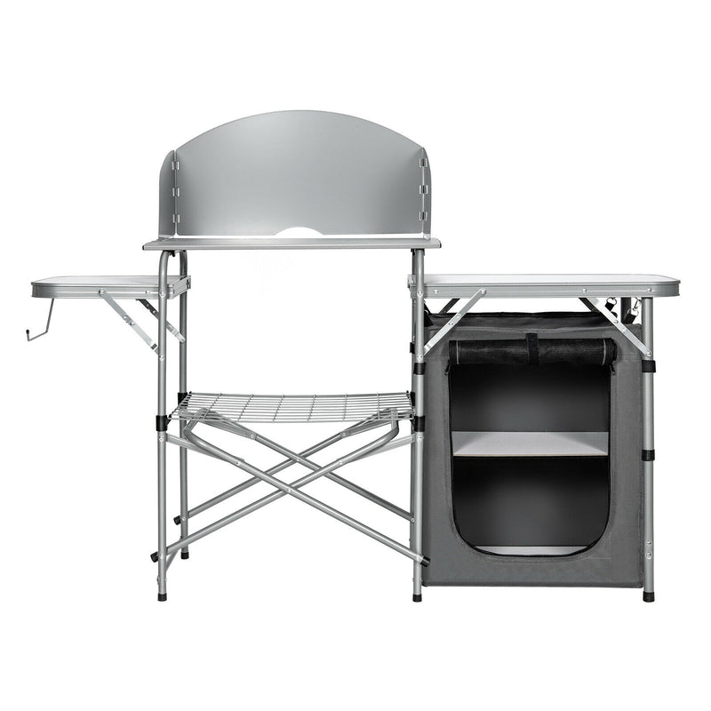 Foldable Outdoor BBQ Portable Grilling Table With Windscreen Bag-Gray