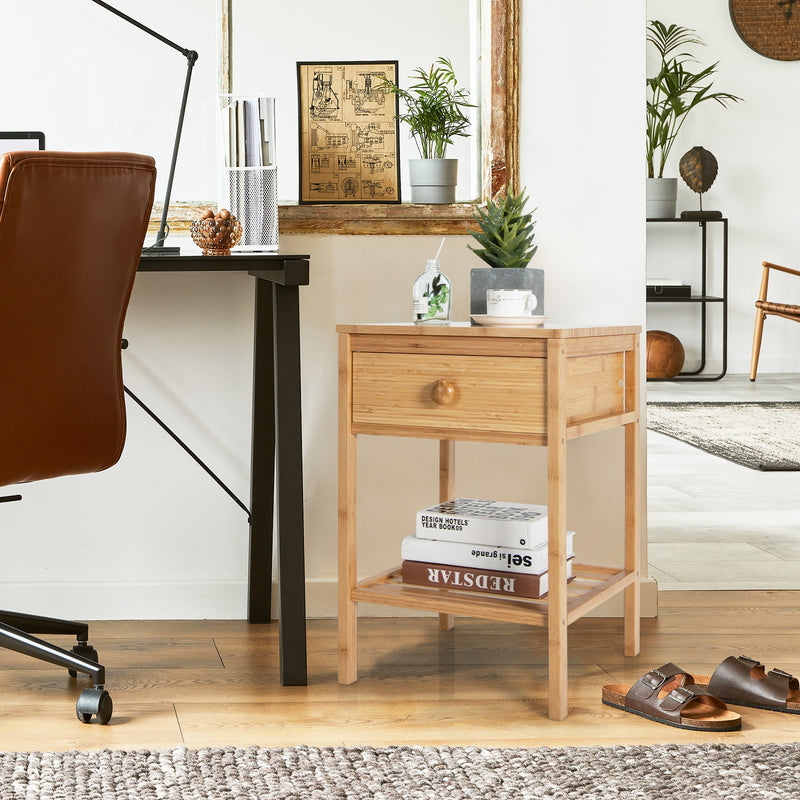 Bamboo Nightstand with Drawer and Open Shelf-Natural