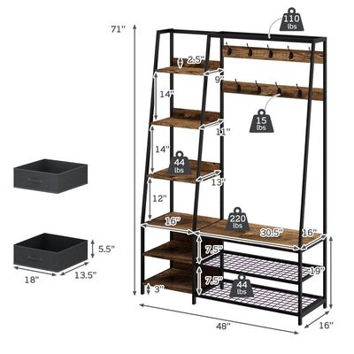 6-in-1 Freestanding Hall Tree Coat Rack with Bench and Fabric Dressers-Rustic Brown