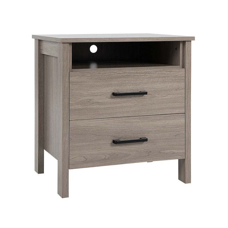 Modern Wood Grain Nightstand with Cable Hole and Open Compartment-Natural