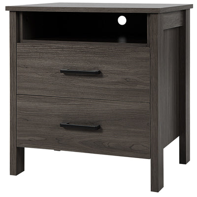 Modern Wood Grain Nightstand with Cable Hole and Open Compartment-Walnut