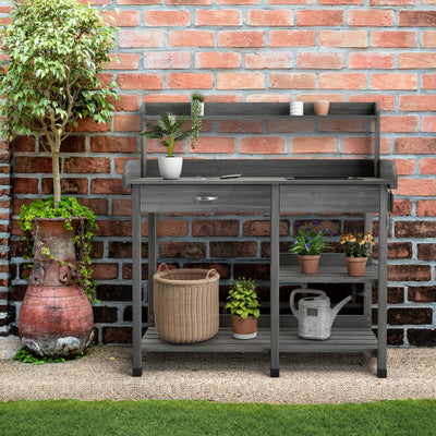 Fir Wood Potting Bench with Open Shelves and Sink for Planting-Gray