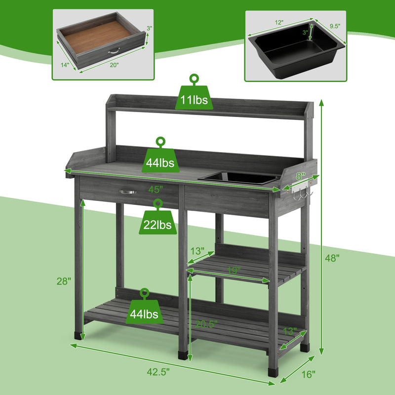 Fir Wood Potting Bench with Open Shelves and Sink for Planting-Gray