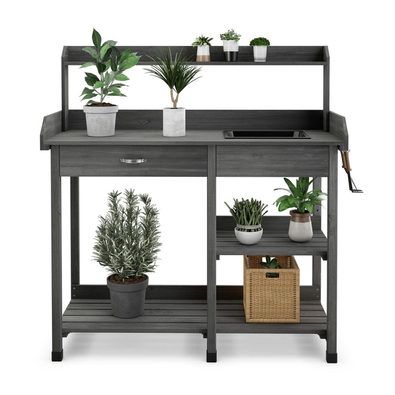 Fir Wood Potting Bench with Open Shelves and Sink for Planting-Gray