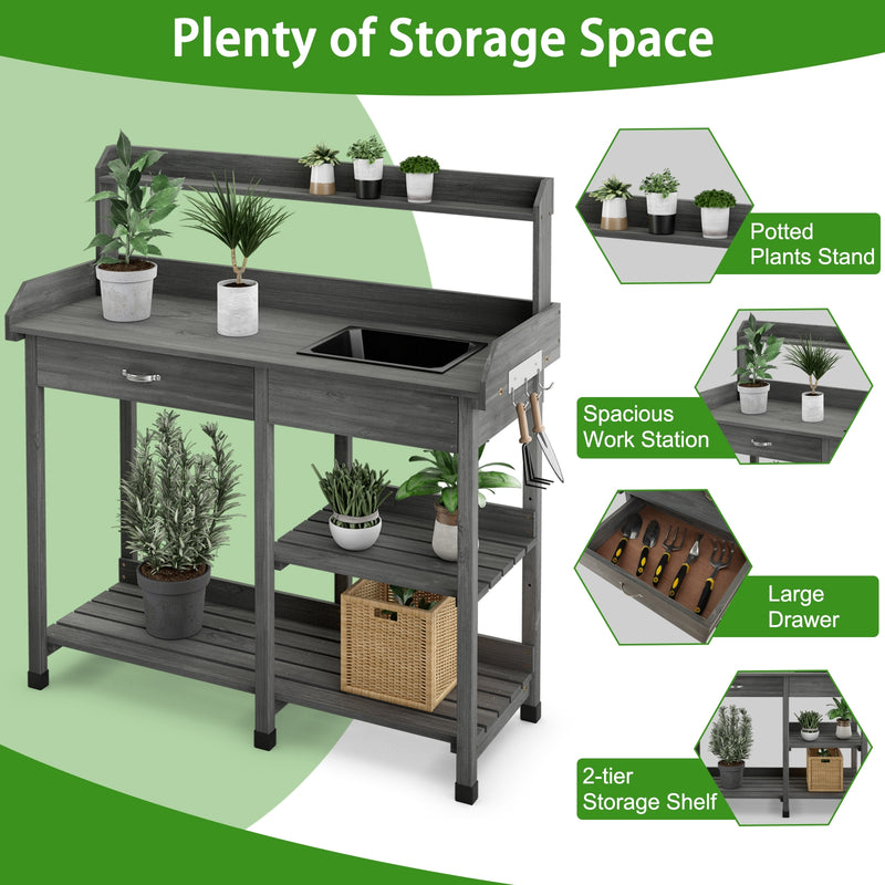 Fir Wood Potting Bench with Open Shelves and Sink for Planting-Gray