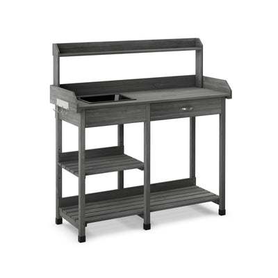 Fir Wood Potting Bench with Open Shelves and Sink for Planting-Gray