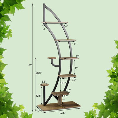 6 Tier 9 Potted Metal Plant Stand Holder Display Shelf with Hook-Natural