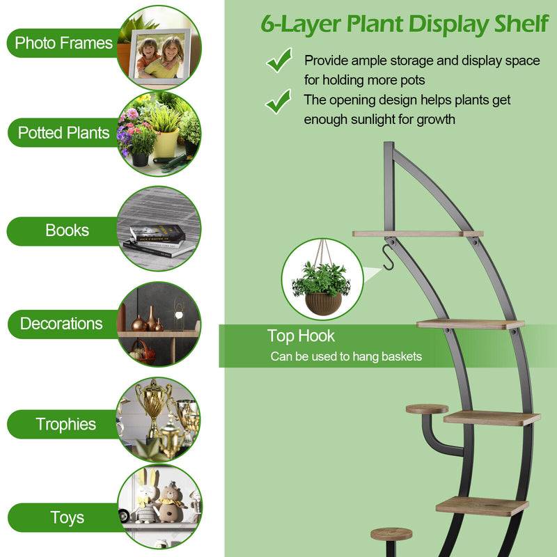 6 Tier 9 Potted Metal Plant Stand Holder Display Shelf with Hook-Natural