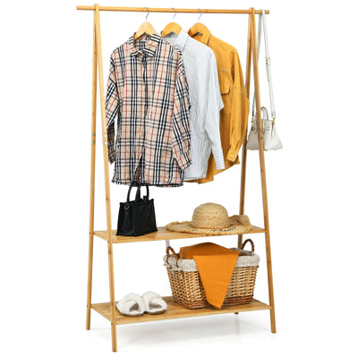 Bamboo Clothes Hanging Rack with 2-Tier Storage Shelf for Entryway Bedroom-Natural