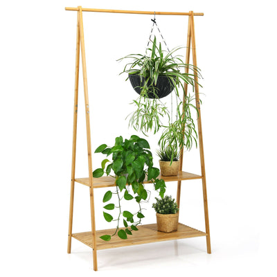 Bamboo Clothes Hanging Rack with 2-Tier Storage Shelf for Entryway Bedroom-Natural