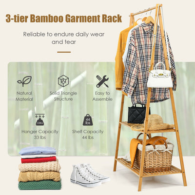 Bamboo Clothes Hanging Rack with 2-Tier Storage Shelf for Entryway Bedroom-Natural