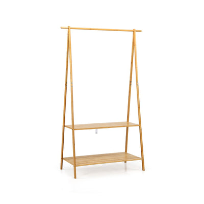 Bamboo Clothes Hanging Rack with 2-Tier Storage Shelf for Entryway Bedroom-Natural