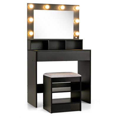 Vanity Table Set with Lighted Mirror and Cushion Stool-Black