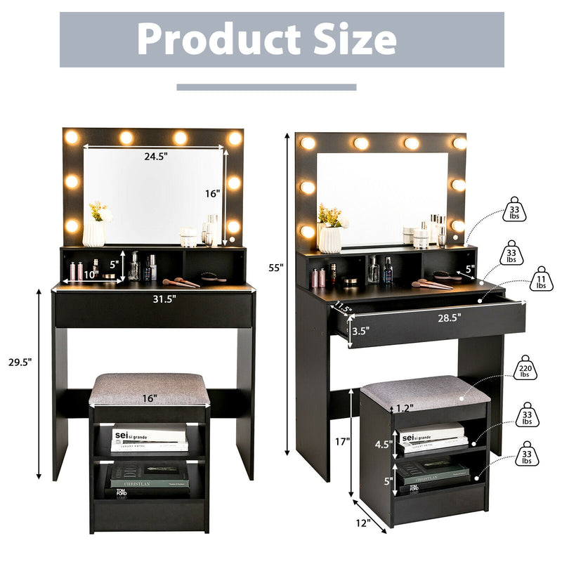 Vanity Table Set with Lighted Mirror and Cushion Stool-Black