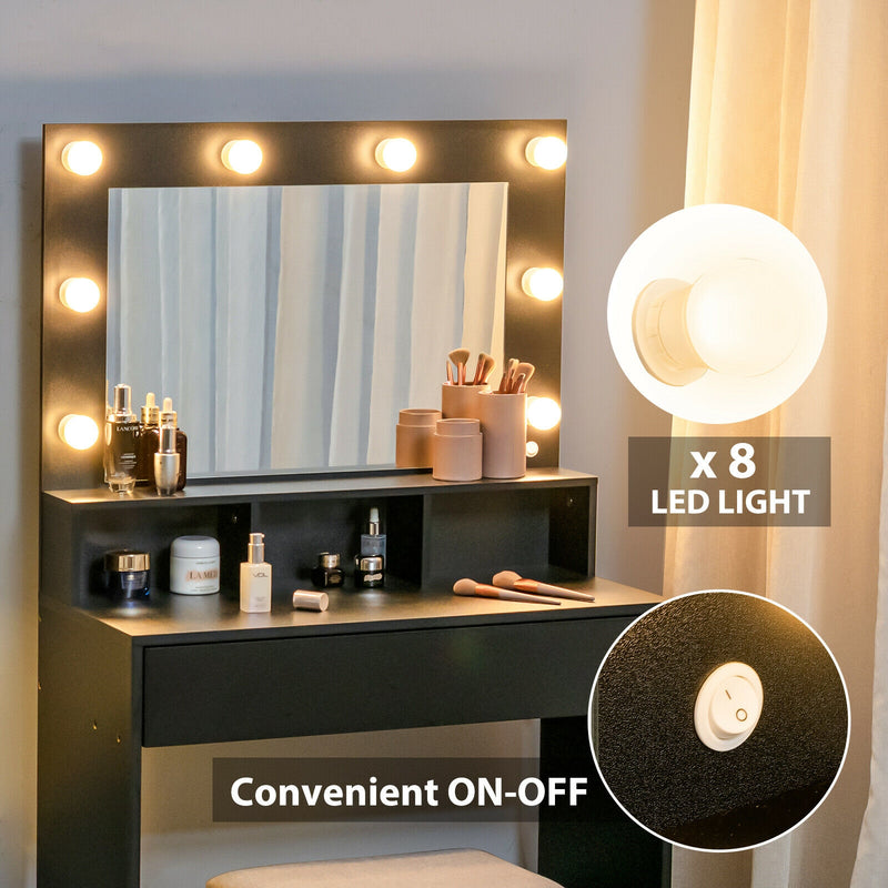 Vanity Table Set with Lighted Mirror and Cushion Stool-Black