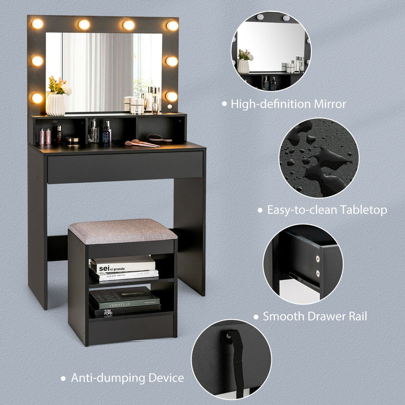 Vanity Table Set with Lighted Mirror and Cushion Stool-Black