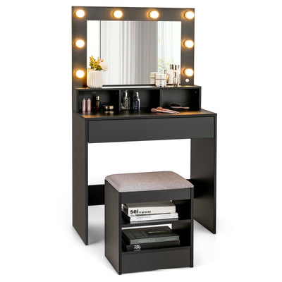 Vanity Table Set with Lighted Mirror and Cushion Stool-Black