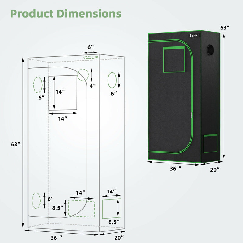 36 x 20 x 63 Inch Indoor Grow Room with Observation Window-Black