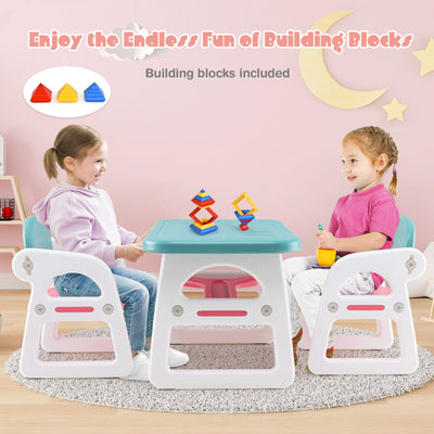 Kids Table and Chair Set with Building Blocks-Pink & Blue