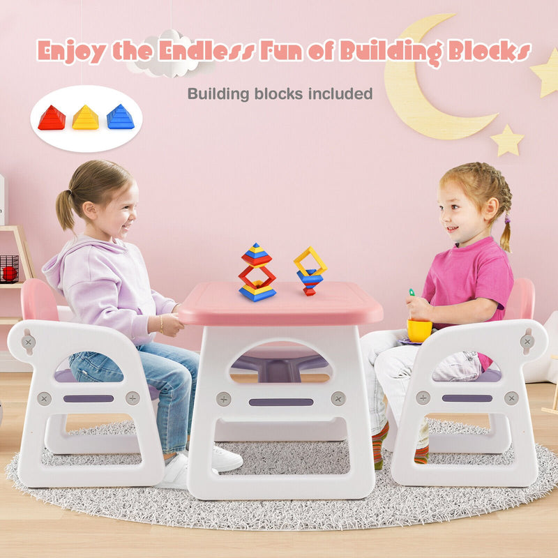 Kids Table and Chair Set with Building Blocks-Pink & Purple