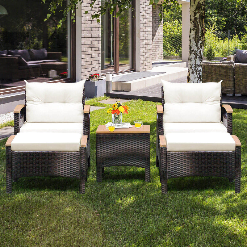 5 Pieces Patio Conversation Set with Cushions Coffee Table and 2 Ottomans