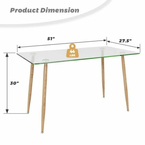 Modern Glass Rectangular Dining Table with Metal Legs-Natural