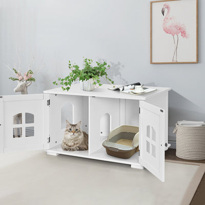 Large Wooden Cat Litter Box Enclosure Hidden Cat Washroom with Divider-White