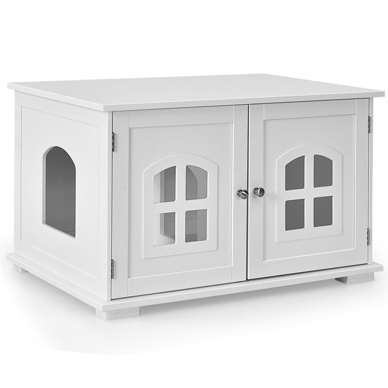 Large Wooden Cat Litter Box Enclosure Hidden Cat Washroom with Divider-White