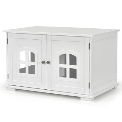 Large Wooden Cat Litter Box Enclosure Hidden Cat Washroom with Divider-White