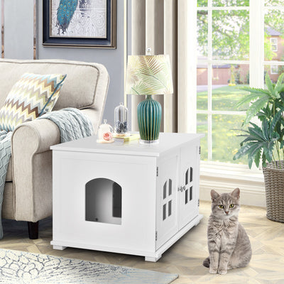 Large Wooden Cat Litter Box Enclosure Hidden Cat Washroom with Divider-White