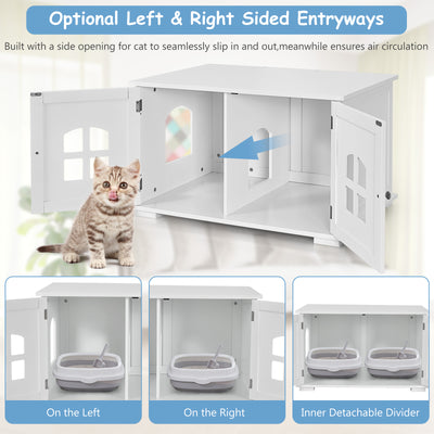 Large Wooden Cat Litter Box Enclosure Hidden Cat Washroom with Divider-White