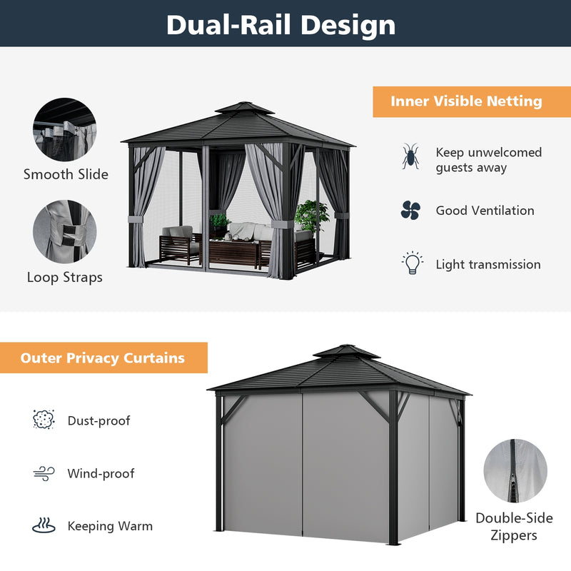 10 x 10 Feet Double-Top Hardtop Gazebo with Galvanized Steel Roof-Gray