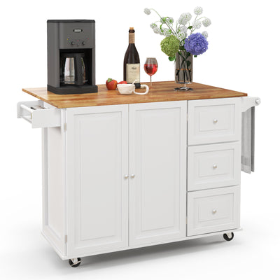 Kitchen Island Trolley Cart Wood with Drop Leaf Tabletop and Storage Cabinet-White