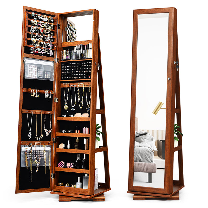 360° Rotatable Armoire 2-in-1 Lockable Mirrored Jewelry Cabinet-Brown