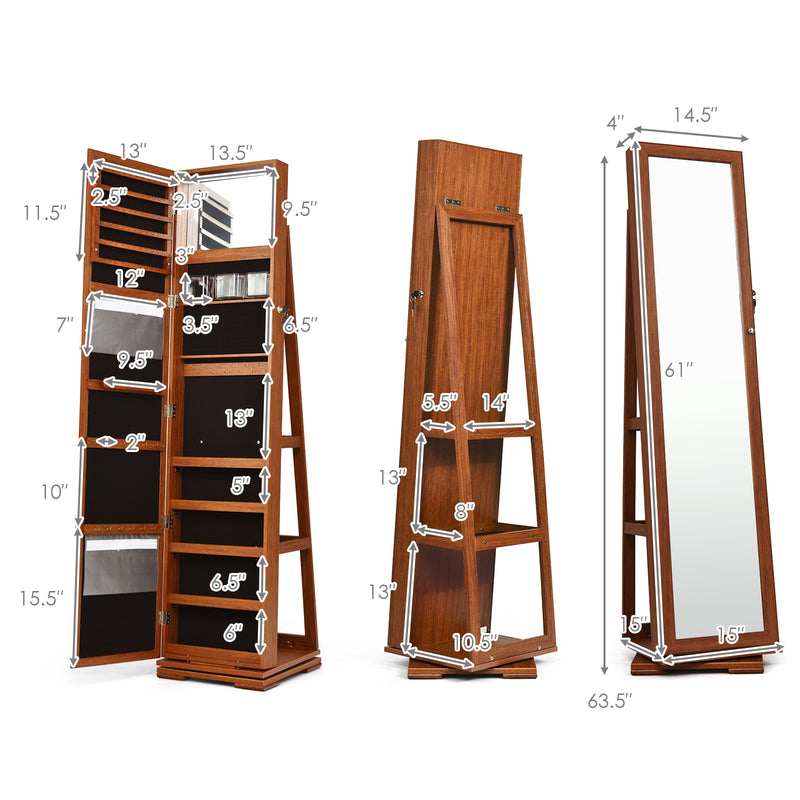 360° Rotatable Armoire 2-in-1 Lockable Mirrored Jewelry Cabinet-Brown