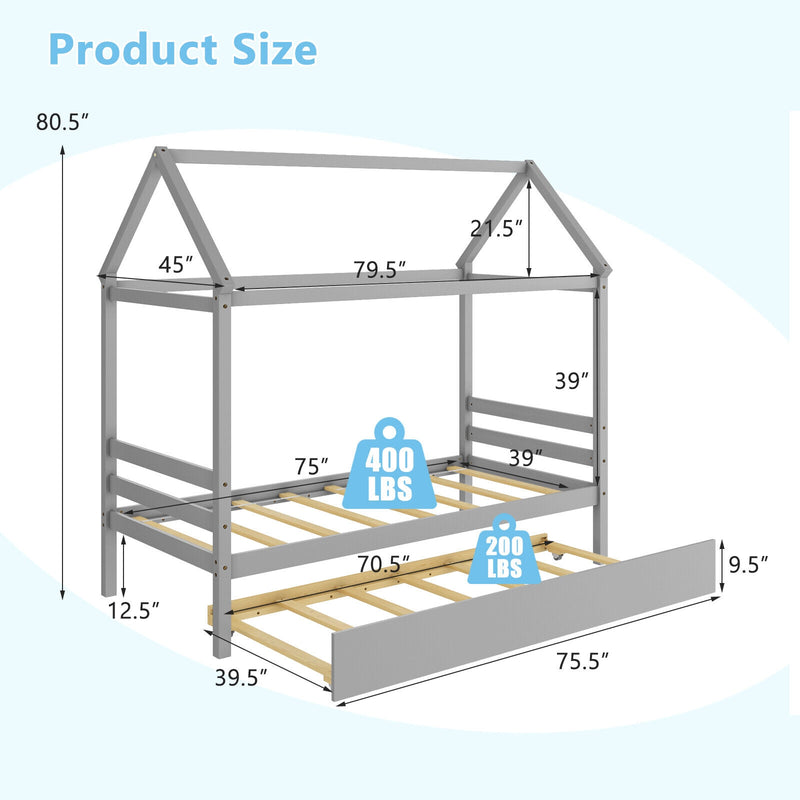 Kids Platform Bed Frame with Roof for Bedroom-Gray