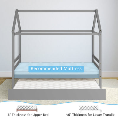 Kids Platform Bed Frame with Roof for Bedroom-Gray