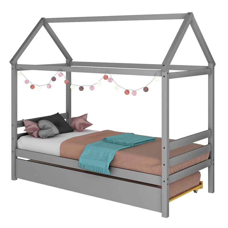 Kids Platform Bed Frame with Roof for Bedroom-Gray