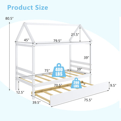 Kids Platform Bed Frame with Roof for Bedroom-White