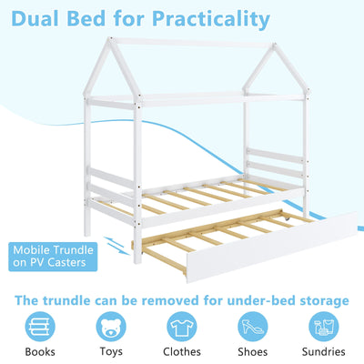 Kids Platform Bed Frame with Roof for Bedroom-White