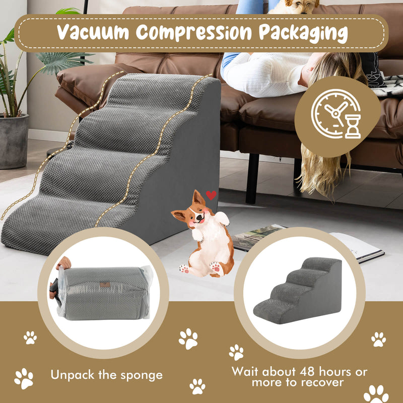 4-Tier Foam Non-Slip Dog Steps with Washable Zippered Cover-Gray