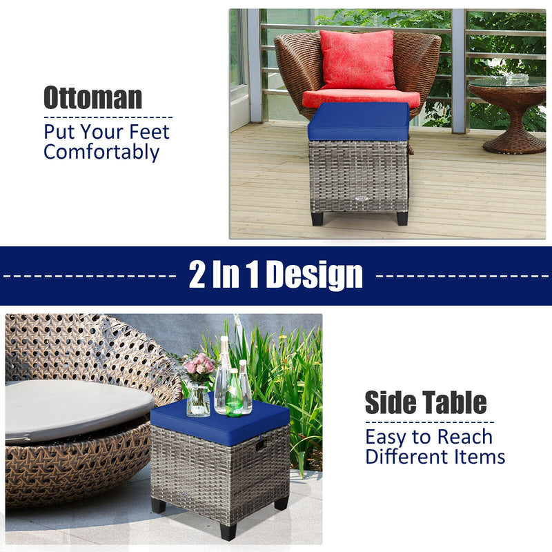 2 Pieces Patio Rattan Ottoman Seat with Removable Cushions-Navy