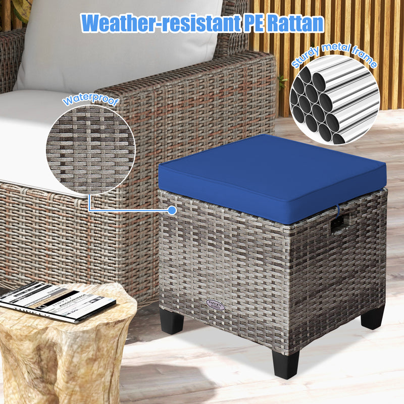 2 Pieces Patio Rattan Ottoman Seat with Removable Cushions-Navy