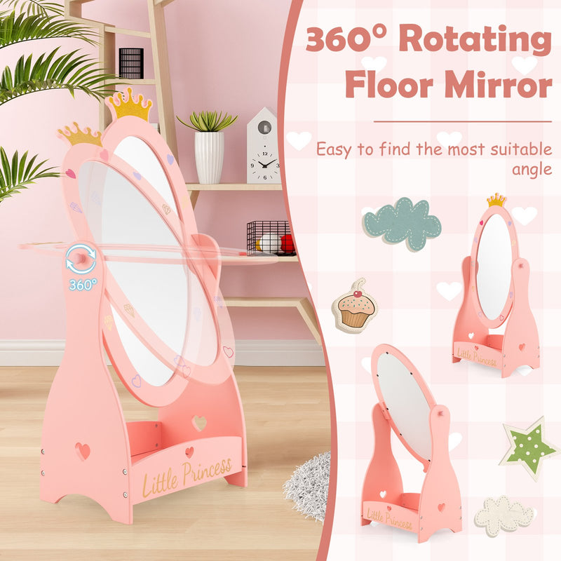 Kids Full Length Mirror with 360 Degree Rotatable Design and Shelf-Pink