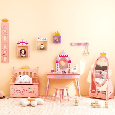 Kids Princess Vanity Table and Stool Set with Drawer and Mirror-Pink